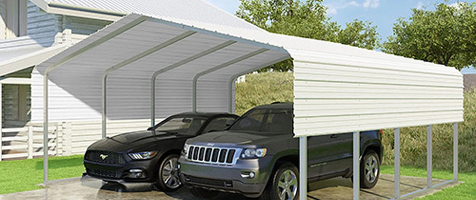 Two cars parked under a newly installed carport in Ruskin, FL.